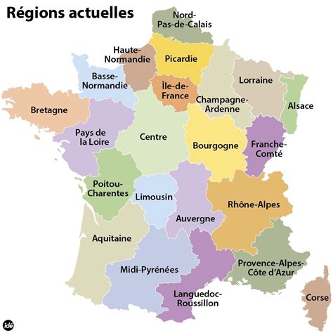 Carte des 22 régions métropolitaines de France